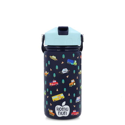KomuNuri Stainless Steel Kids 14 OZ Water Bottle with Covered Straw Lid | Deep Blue - Vehicles