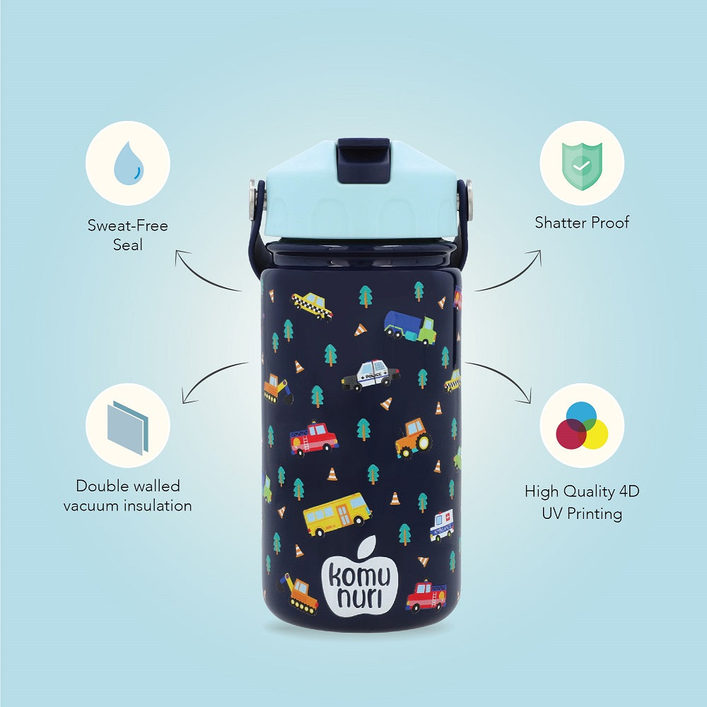 KomuNuri Stainless Steel Kids 14 OZ Water Bottle with Covered Straw Lid | Deep Blue - Vehicles