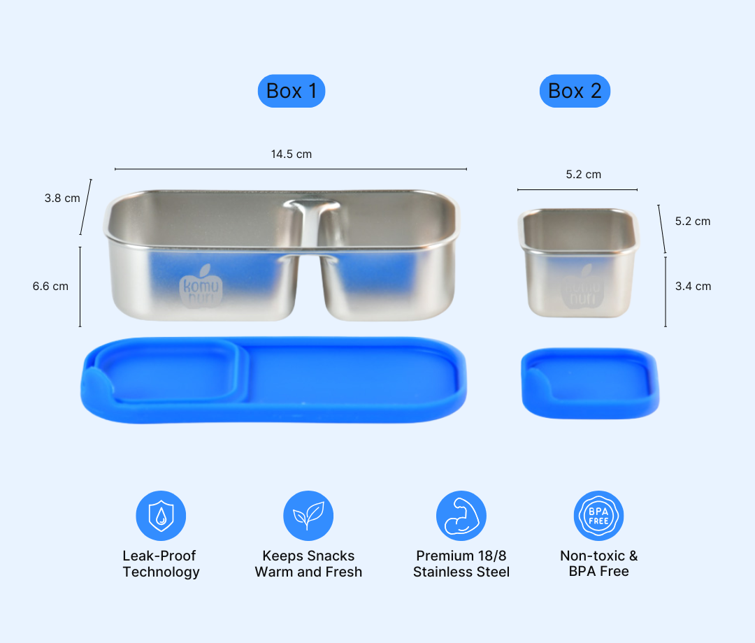 Bundle - Komunuri Leakproof Stainless Steel Bento Lunch Box & Stainless Steel Snack Box - Electric Blue