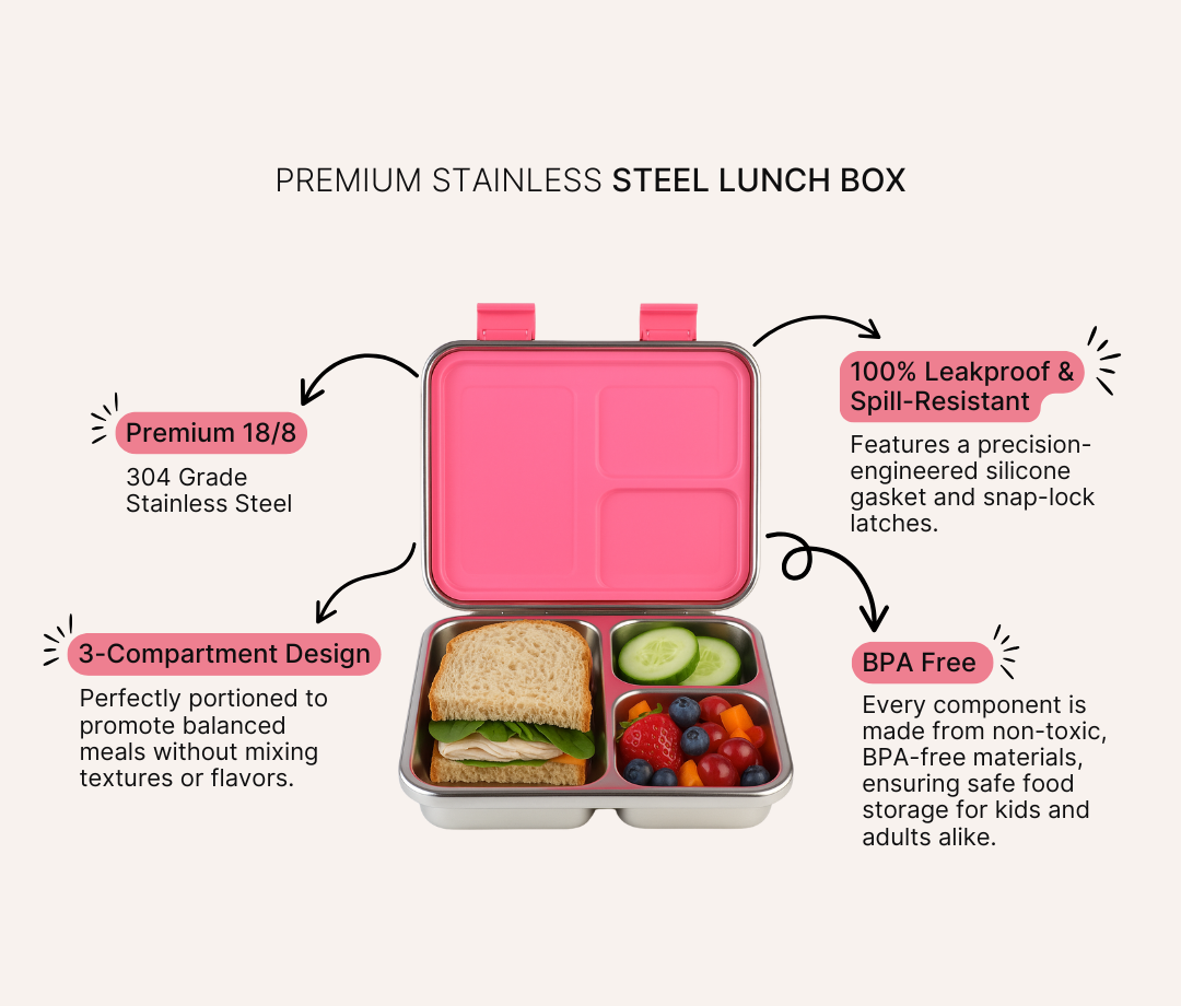 Bundle - Komunuri Leakproof Stainless Steel Bento Lunch Box & Stainless Steel Snack Box - Bubblegum Pink